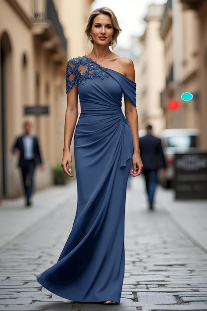Asymmetrical-Neck Floor-Length Beaded Satin Mermaid Mother of the Bride Dress