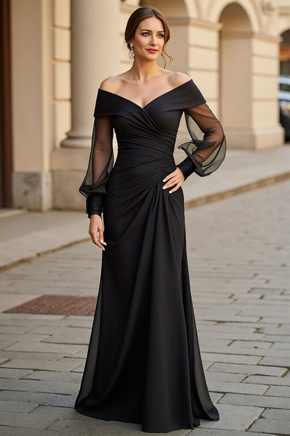 Black Off The Shoulder Ruched Mother Of The Bride Dress