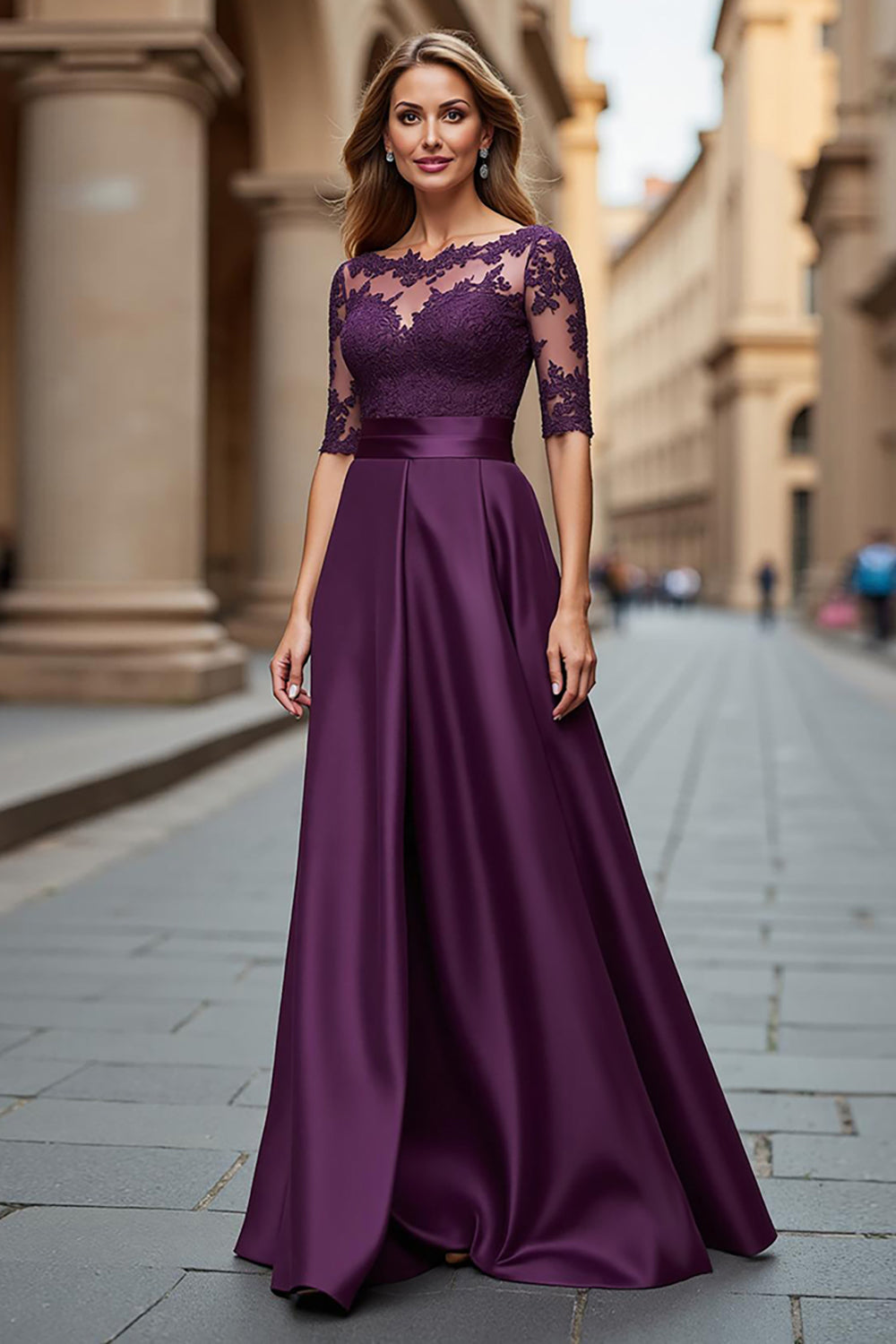 Grape Satin Illusion Boat Neck Long Mother of the Bride Dress with Lace