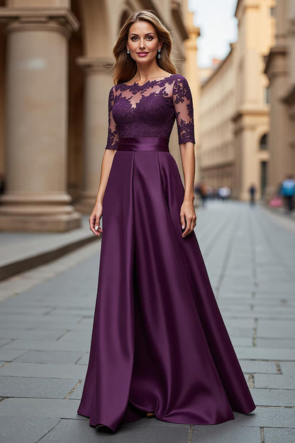 Grape Satin Illusion Boat Neck Long Mother of the Bride Dress with Lace