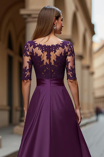 Grape Satin Illusion Boat Neck Long Mother of the Bride Dress with Lace