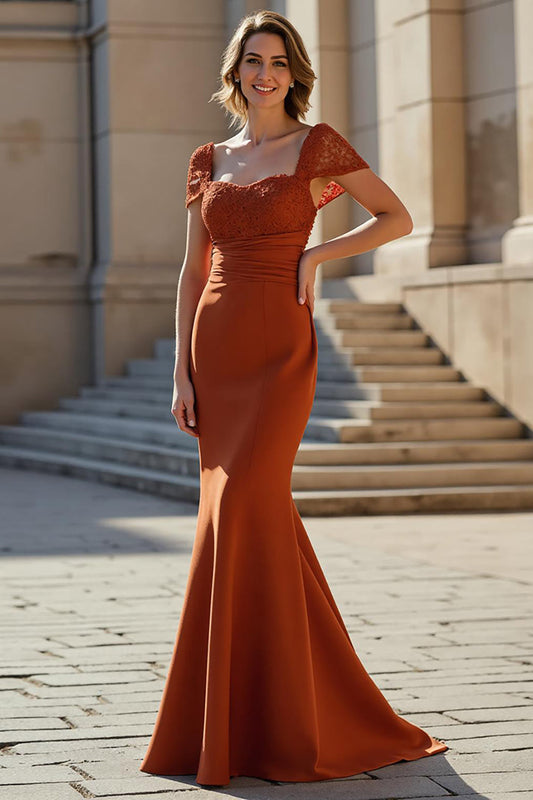 Rust Stretch Satin Mermaid Square Neck Long Mother of the Bride Dress