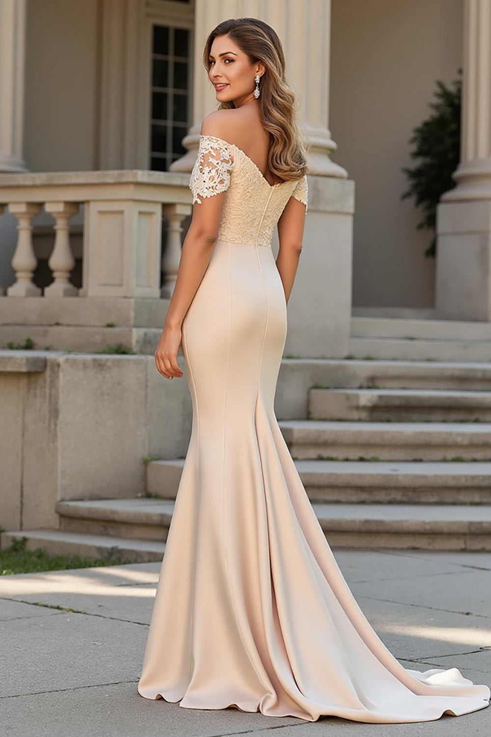 Champagne Mermaid Satin Long Mother of the Bride Dress with Lace