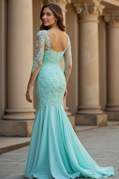 Mermaid V-Neck Long Light Blue Mother of the Bride Dress with Lace Appliques