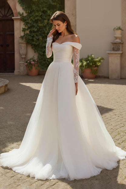 Ivory A Line Off The Shoulder Tulle Court Train Wedding Dress