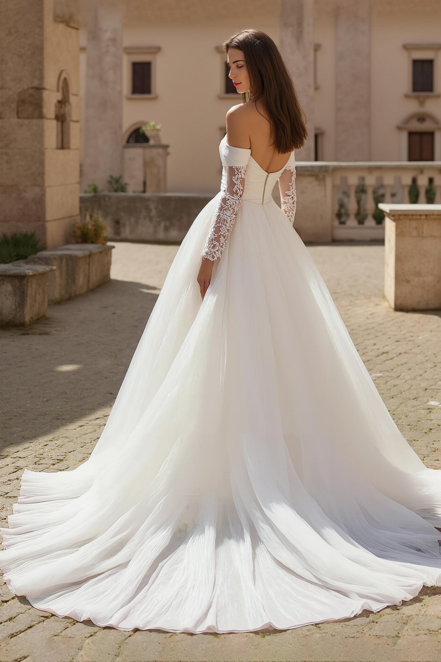 Ivory A Line Off The Shoulder Tulle Court Train Wedding Dress