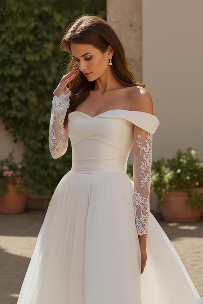 Ivory A Line Off The Shoulder Tulle Court Train Wedding Dress