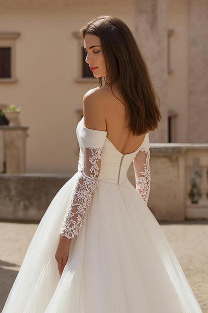 Ivory A Line Off The Shoulder Tulle Court Train Wedding Dress