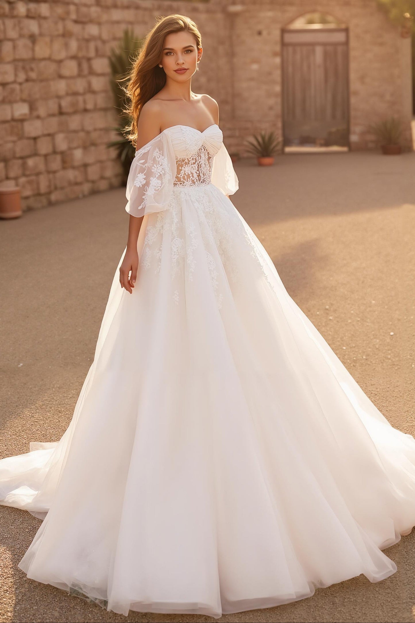 Ivory Tulle Off The Shoulder Corset Long Wedding Dress