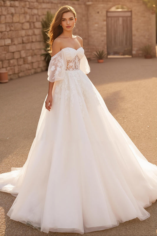 Ivory Tulle Off The Shoulder Corset Long Wedding Dress