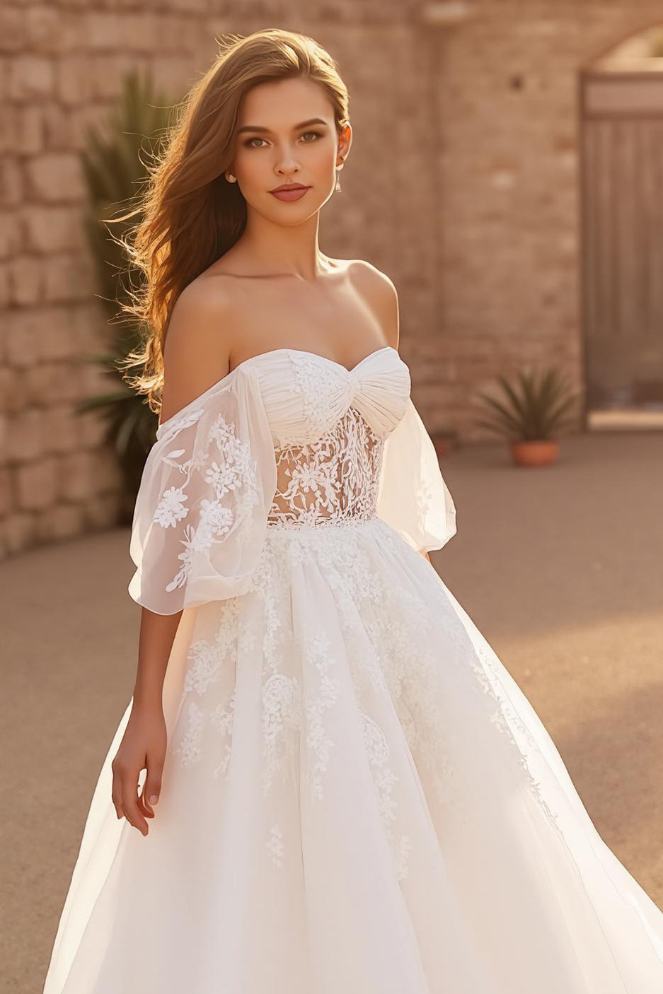 Ivory Tulle Off The Shoulder Corset Long Wedding Dress