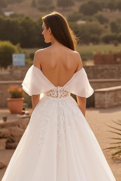 Ivory Tulle Off The Shoulder Corset Long Wedding Dress