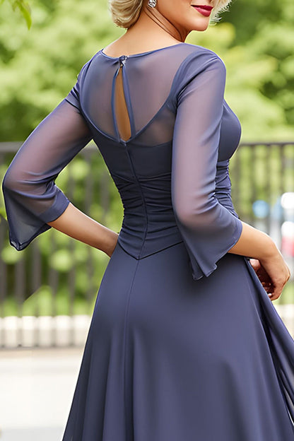 Elegant Grey A Line Chiffon Boat Neck Midi Mother of the Bride Dress