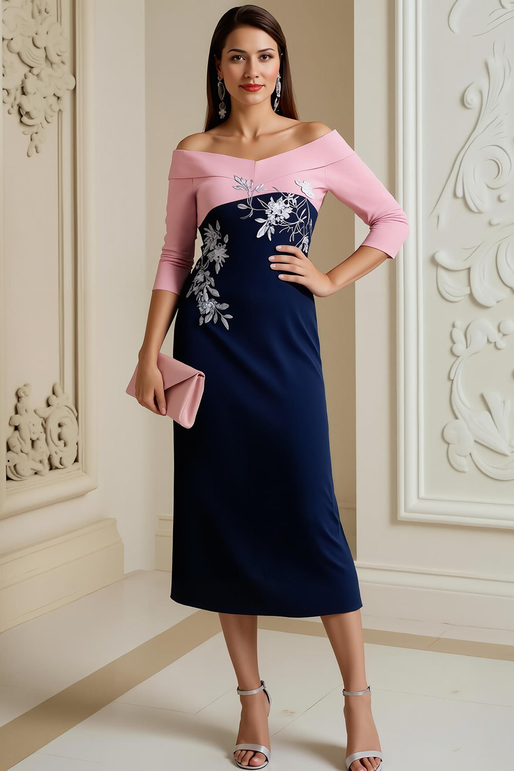 Navy Off The Shoulder 3/4 Sleeve Mother of the Bride Dress