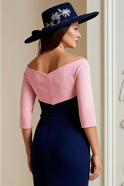 Navy Off The Shoulder 3/4 Sleeve Mother of the Bride Dress