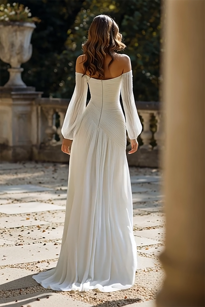 Ivory Chiffon Off the Shoulder Pleated Sweep Train Wedding Dress with Sleeves