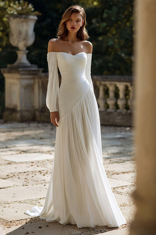 Ivory Chiffon Off the Shoulder Pleated Sweep Train Wedding Dress with Sleeves