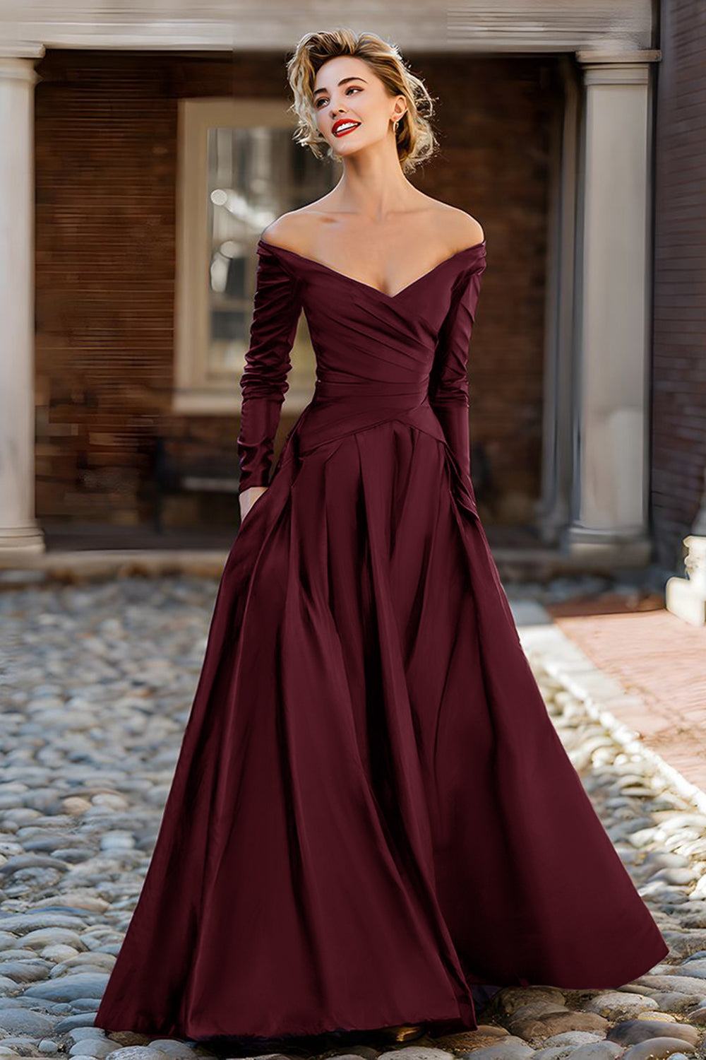 Plum Off the Shoulder A Line Long Mother of the Bride Dress with Sleeves
