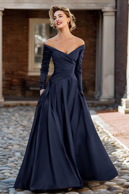 Plum Off the Shoulder Taffeta A Line Long Sleeve Mother of the Bride Dress