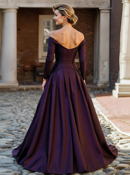 Plum Off the Shoulder A Line Long Mother of the Bride Dress with Sleeves