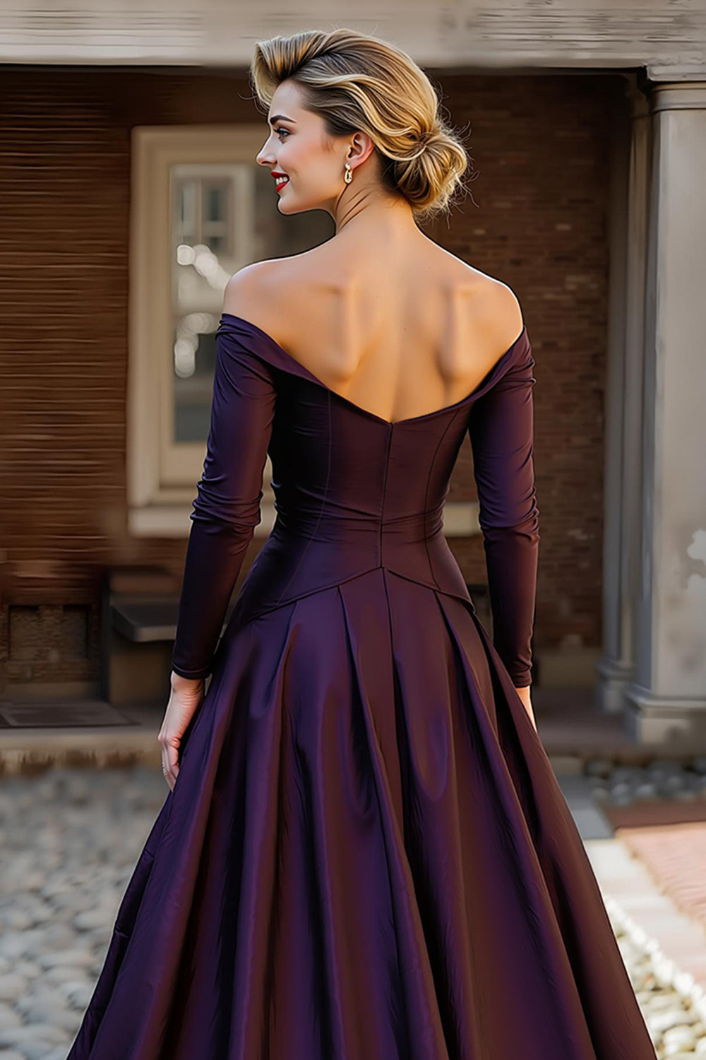Plum Off the Shoulder A Line Long Mother of the Bride Dress with Sleeves
