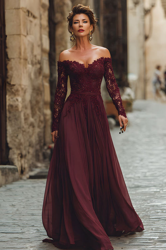 Cabernet A Line Off the Shoulder Long Mother of the Bride Dress