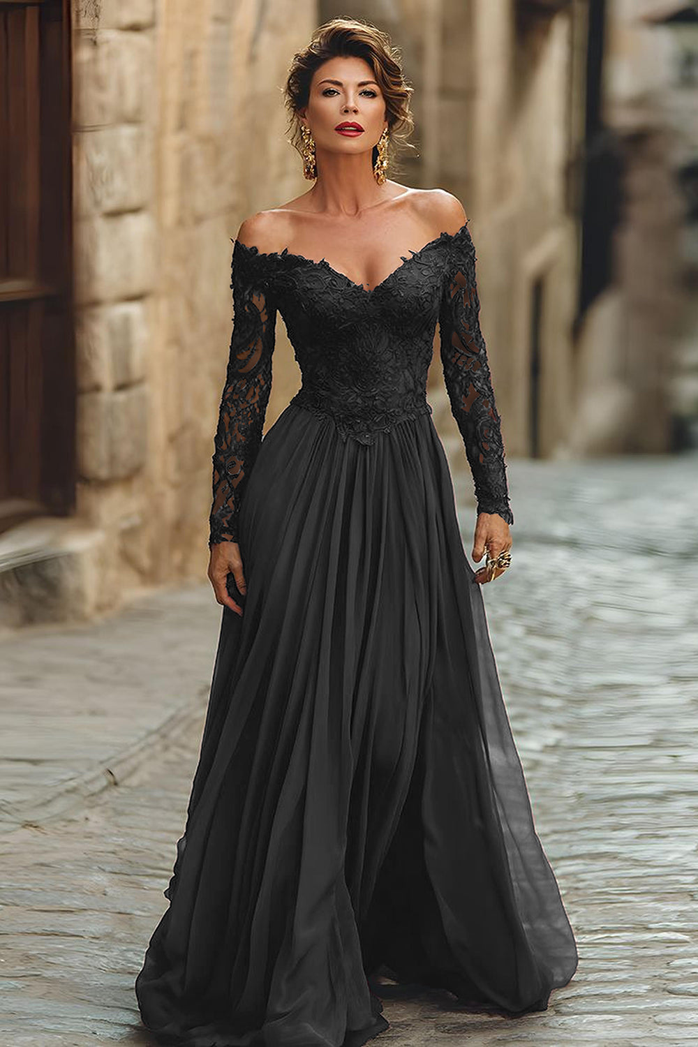A Line Cabernet Off the Shoulder Maxi Mother of the Bride Dress