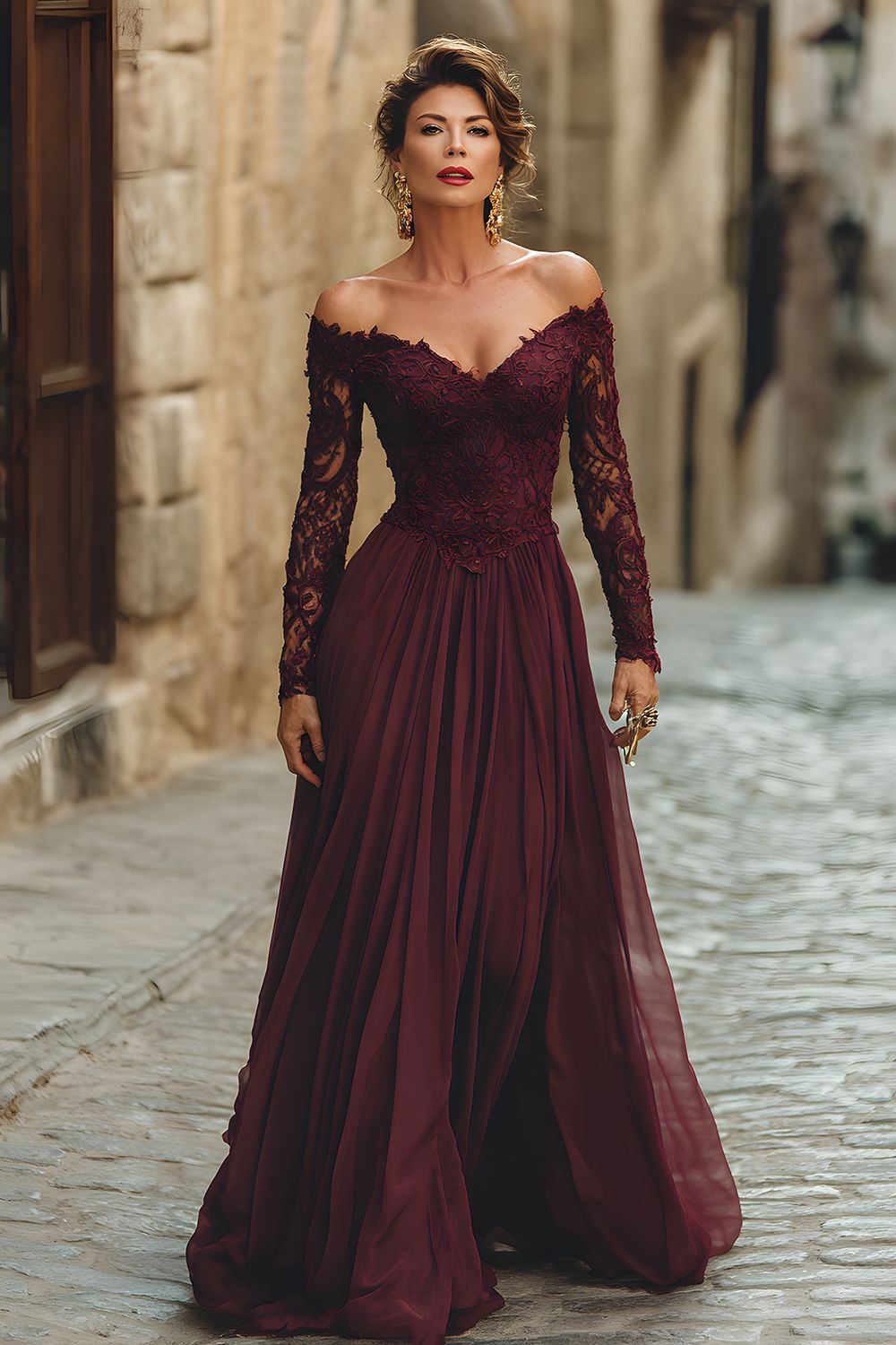 Cabernet A Line Long Chiffon Mother of the Bride Dress with Sleeves