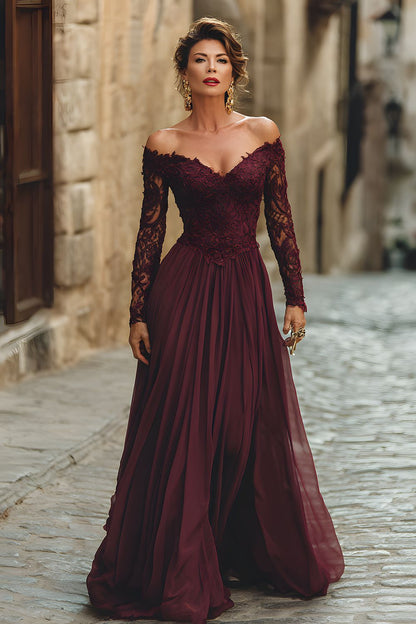 A Line Cabernet Off the Shoulder Maxi Mother of the Bride Dress
