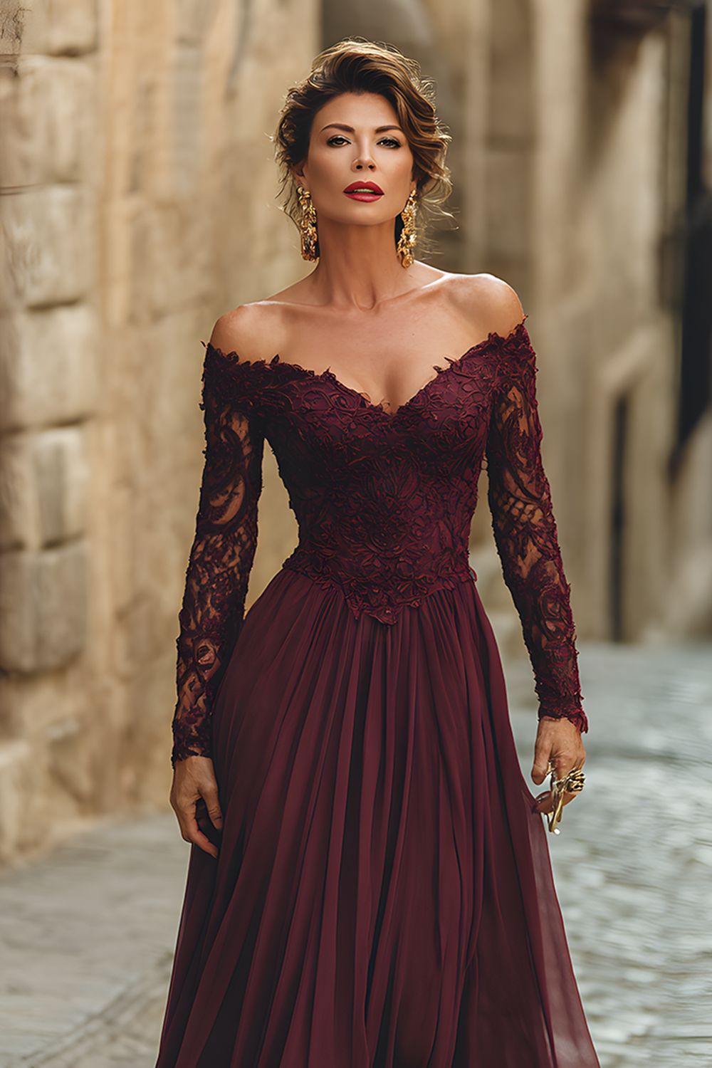 Cabernet A Line Long Chiffon Mother of the Bride Dress with Sleeves