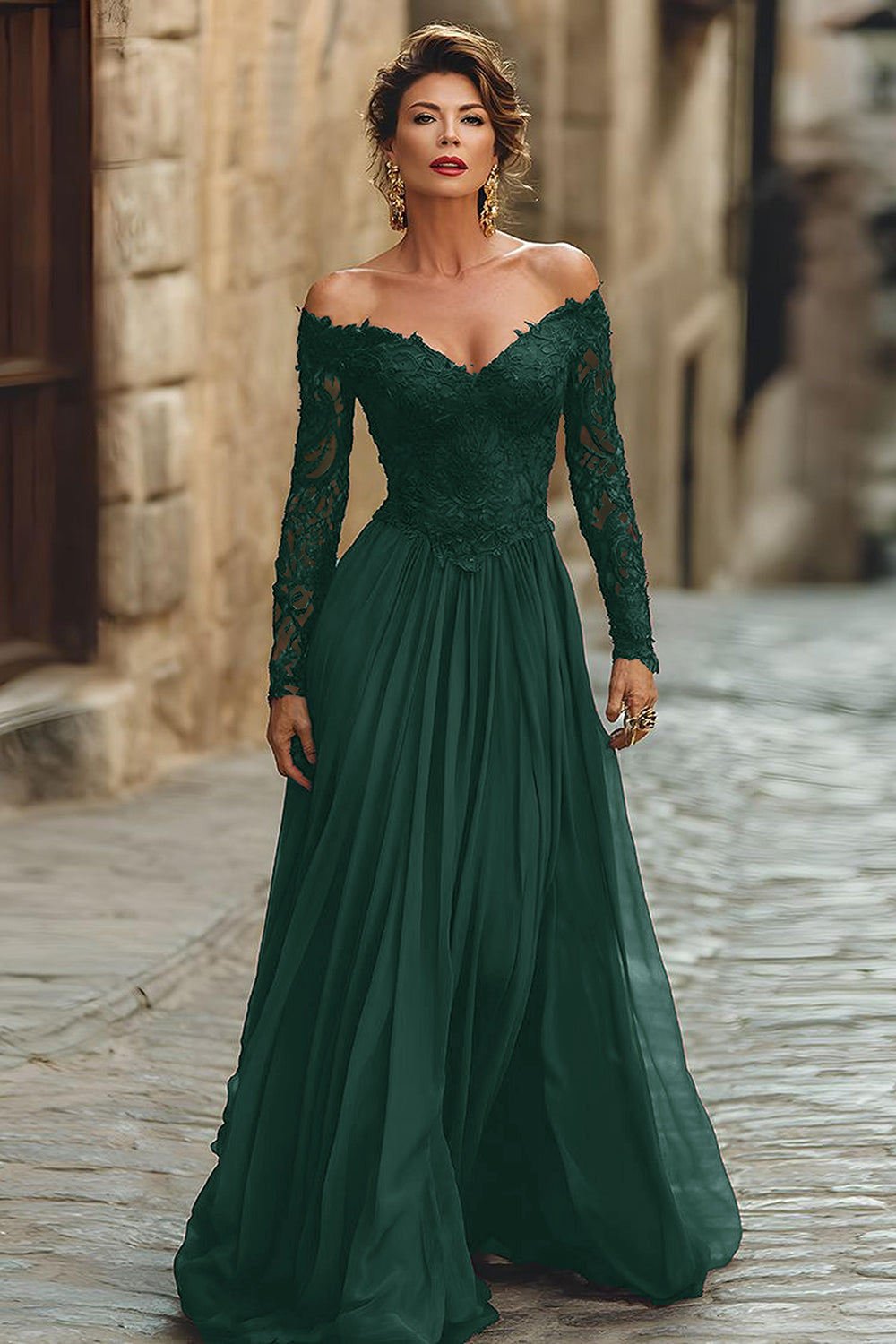 A Line Cabernet Off the Shoulder Maxi Mother of the Bride Dress