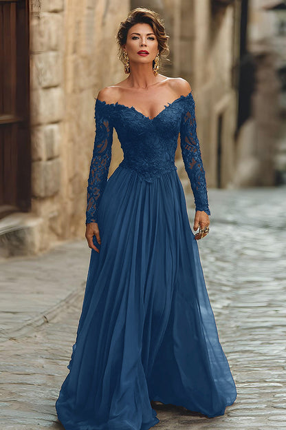 Cabernet A Line Long Chiffon Mother of the Bride Dress with Sleeves