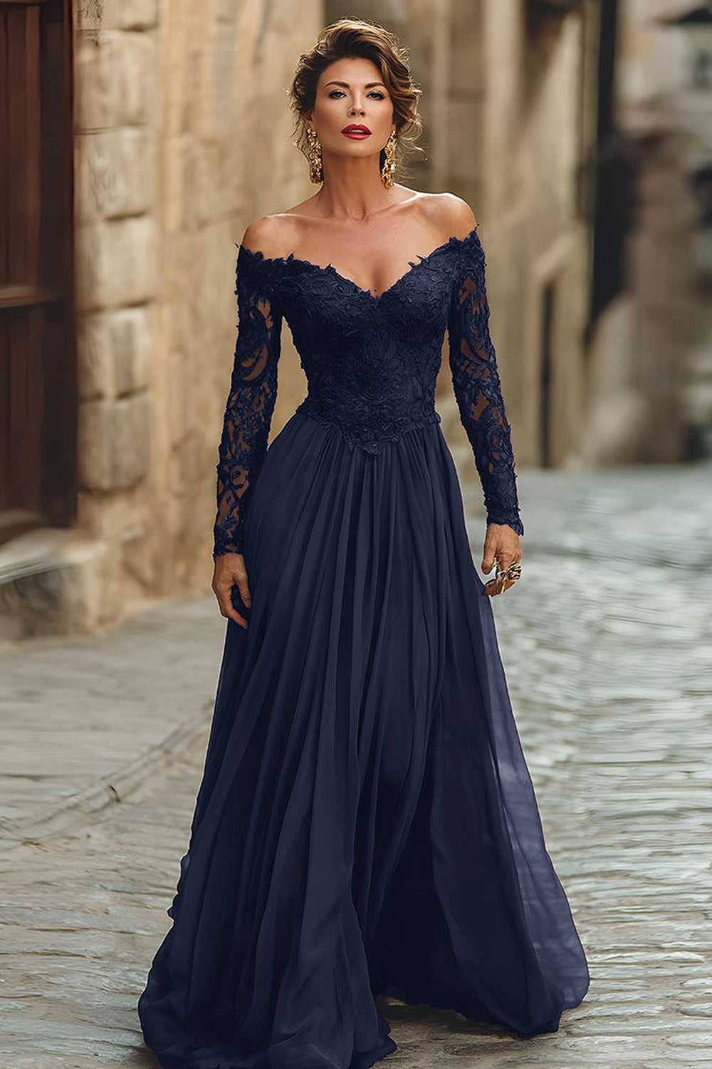 A Line Cabernet Off the Shoulder Maxi Mother of the Bride Dress
