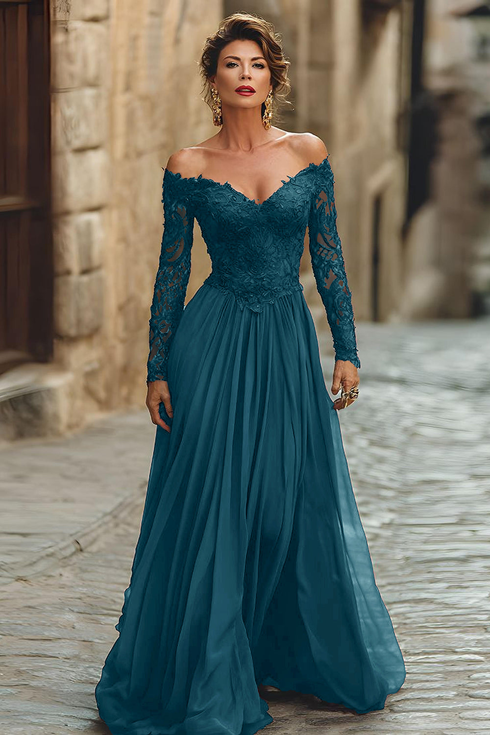 A Line Cabernet Off the Shoulder Maxi Mother of the Bride Dress