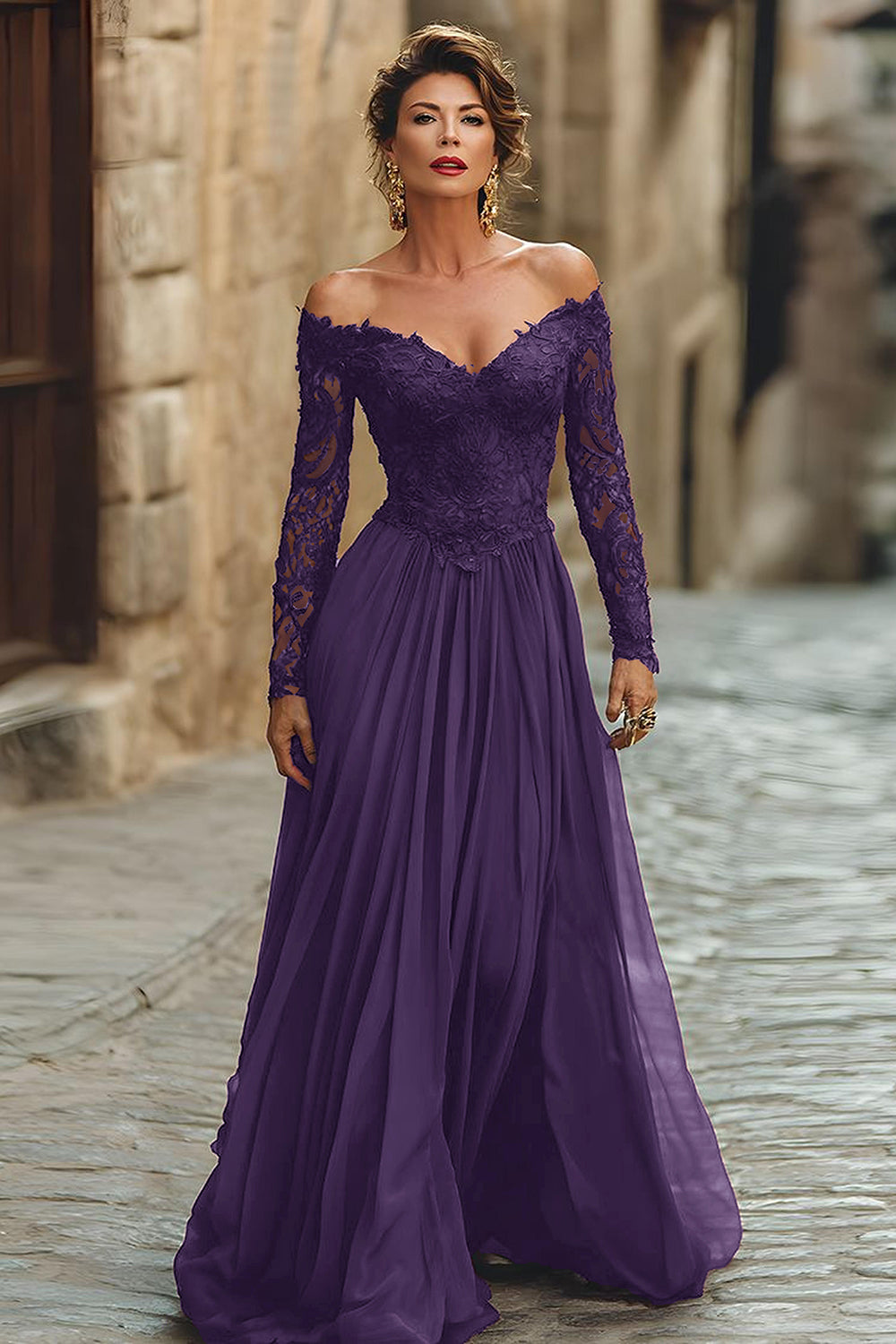 A Line Cabernet Off the Shoulder Maxi Mother of the Bride Dress