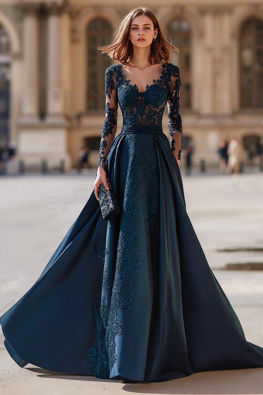 Navy V-Neck Long Sleeves A-Line Long Mother of the Bride Dress