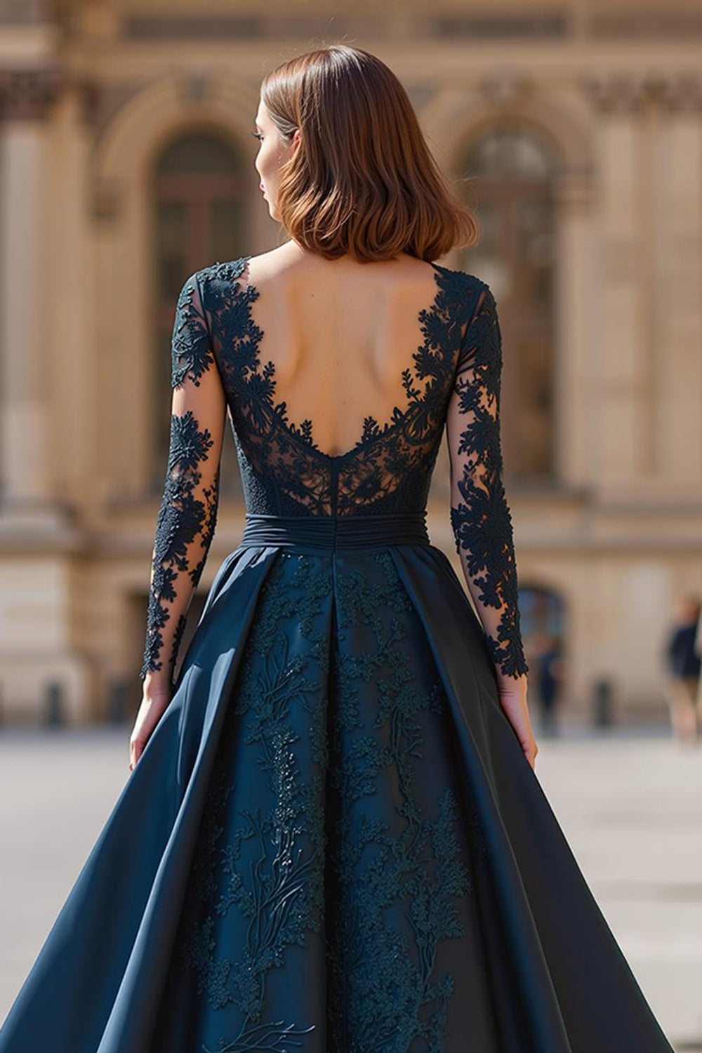 Navy V-Neck Long Sleeves A-Line Long Mother of the Bride Dress