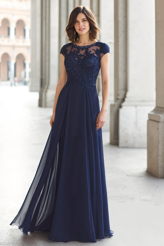 Navy Chiffon A-Line Boat Neck Long Mother of the Bride Dress with Appliques