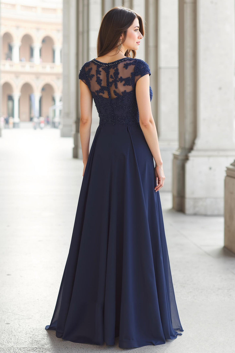 Navy Chiffon A-Line Boat Neck Long Mother of the Bride Dress with Appliques