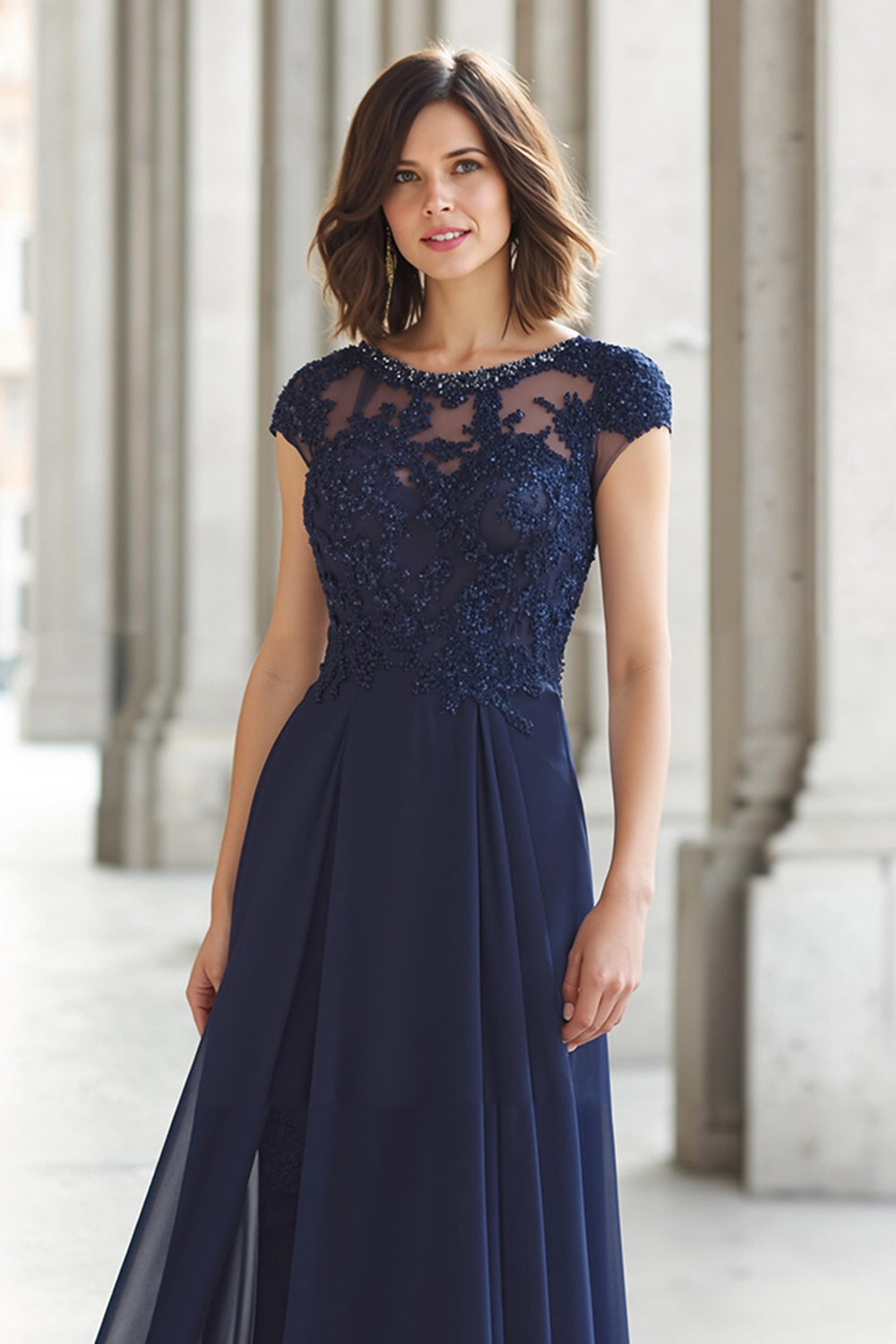 Navy Chiffon A-Line Boat Neck Long Mother of the Bride Dress with Appliques