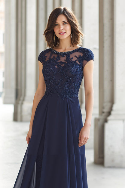 Navy Chiffon A-Line Boat Neck Long Mother of the Bride Dress with Appliques