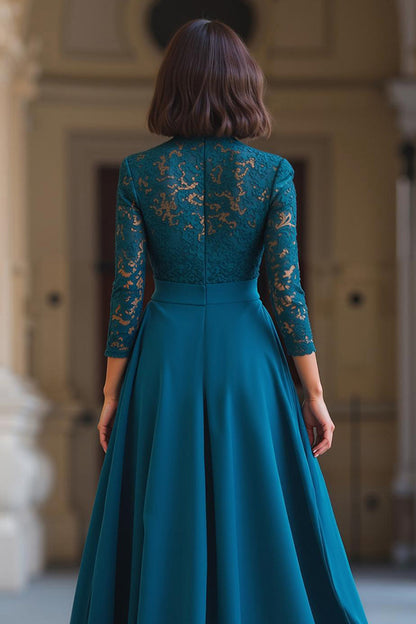 Peacock Blue High Neck Chiffon A-Line Long Mother of the Bride Dress with Lace