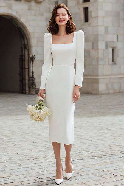 Ivory Square Neck Bodycon Satin Midi Engagement Dress with Sleeves