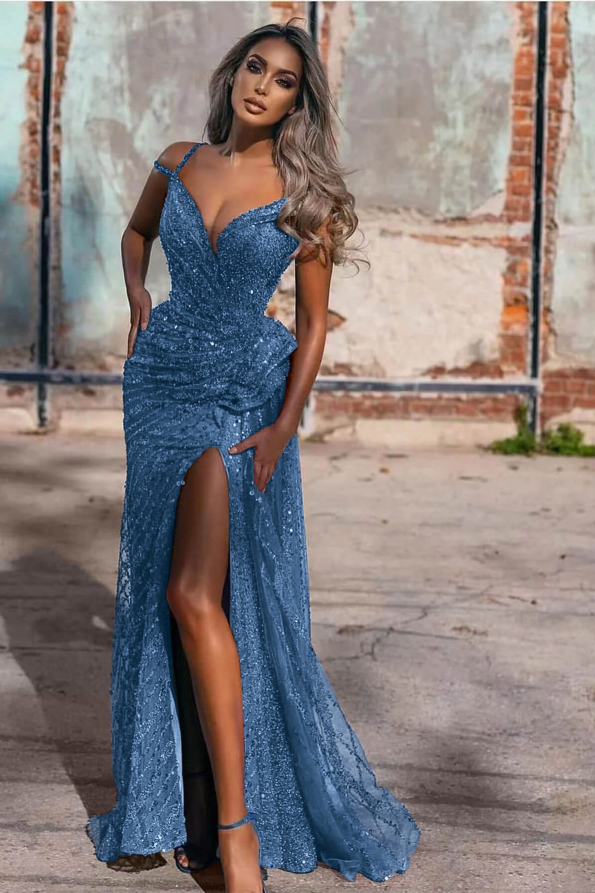 Royal Blue Off the Shoulder Sleeveless Evening Dress