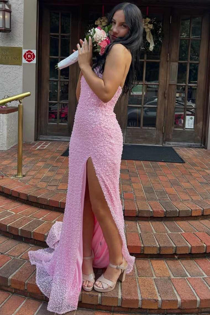 Mermaid Sweetheart Pink Sequins Long Prom Dresses with Slit