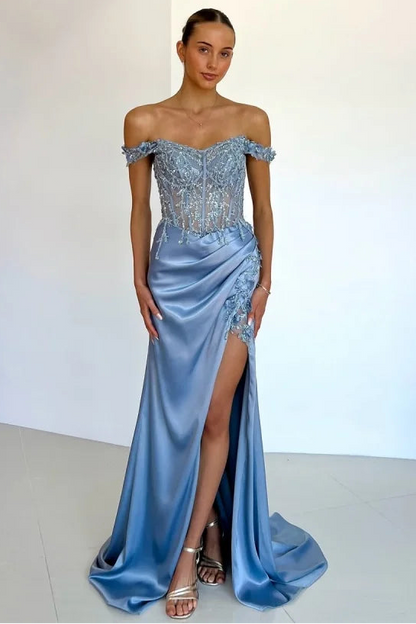 Light Blue Exquisite Embroidery Split Prom Dress