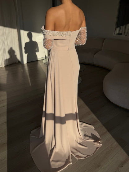 A-Line Long Sleeves Off-Shoulder Pearls Evening Dress