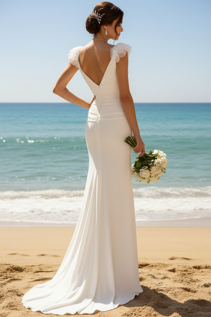 V-Neck Tulle-Straps Sleeveless Stretch Satin High Slit Wedding Dress