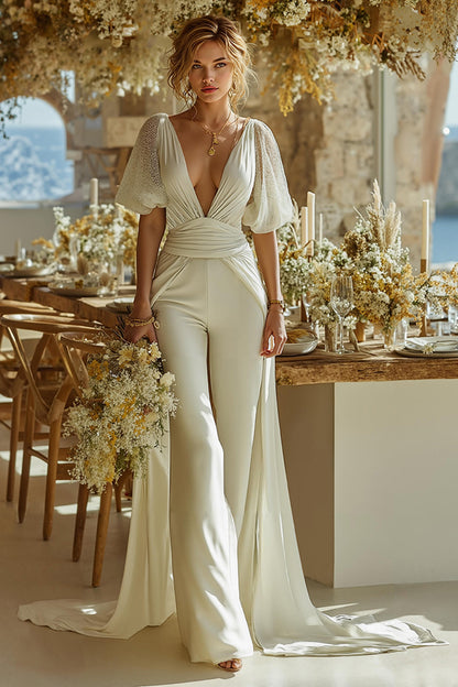 Deep V-Neck Short-Sleeves Chiffon&Satin Pleated Jumpsuit Wedding Dress