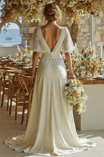 Deep V-Neck Short-Sleeves Chiffon&Satin Pleated Jumpsuit Wedding Dress